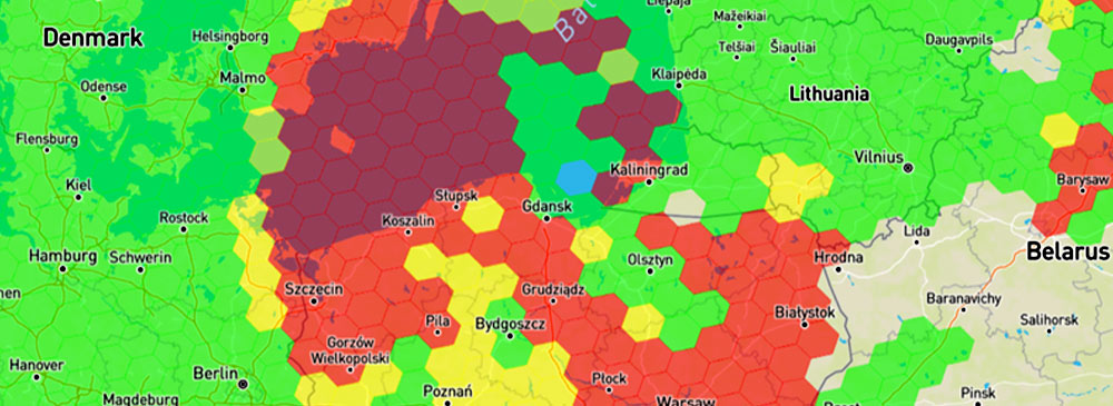 Map image showing GPS outages in Europe